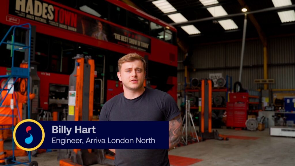 Arriva Engineer stands by a London bus giving a positive review of Kleen35, the low temperature parts cleaning solution.